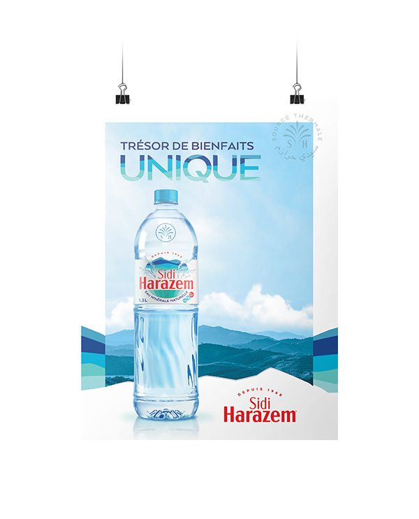 Sidi Harazem advertising poster: a design illustrating the purity and benefits of water.