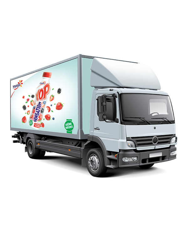 Yop Sensation truck advertisement: Packtory® combines mobility and visibility.